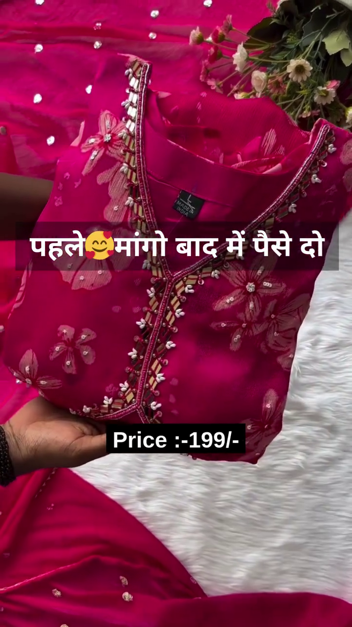 Organza Hand Work Unstitched Suit with 9gm shantoon bottom